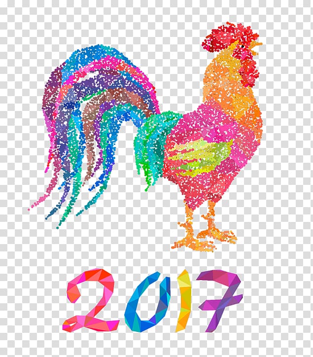 Rooster Chinese New Year Happiness Chinese zodiac, Dotted collage colored cock transparent background PNG clipart