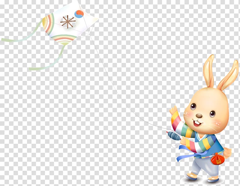 Easter Bunny Rabbit Drawing Cartoon, hand drawn cute cartoon rabbit fly a kite transparent background PNG clipart
