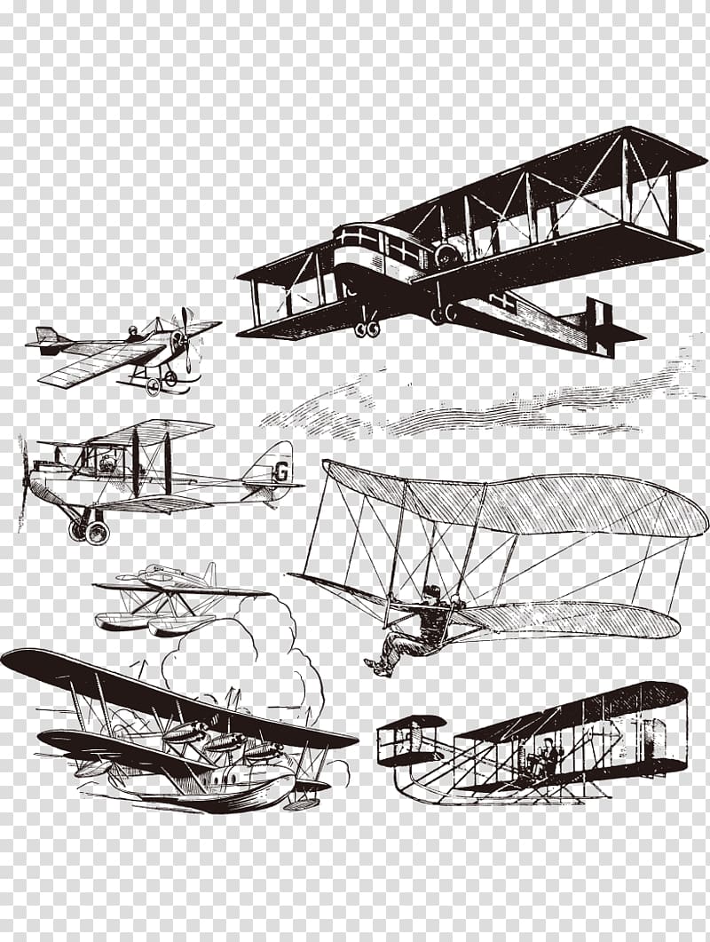 Airplane Antique aircraft Aviation, Hand-painted black and white Aircraft historical process transparent background PNG clipart