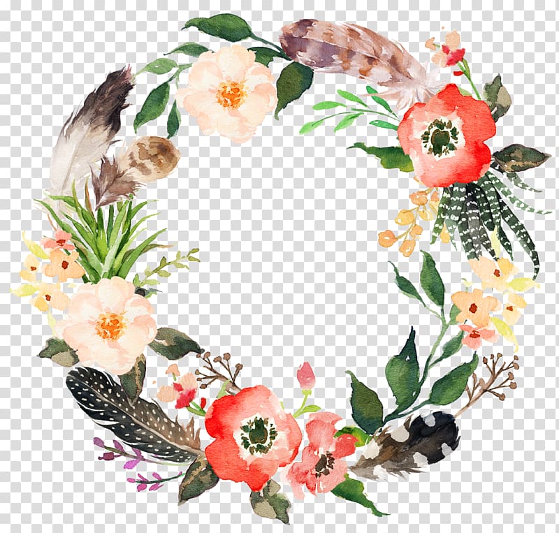 round multicolored floral border illustration, Wedding invitation Wreath Flower Watercolor painting Garland, Sen Department feather wreath of flowers transparent background PNG clipart
