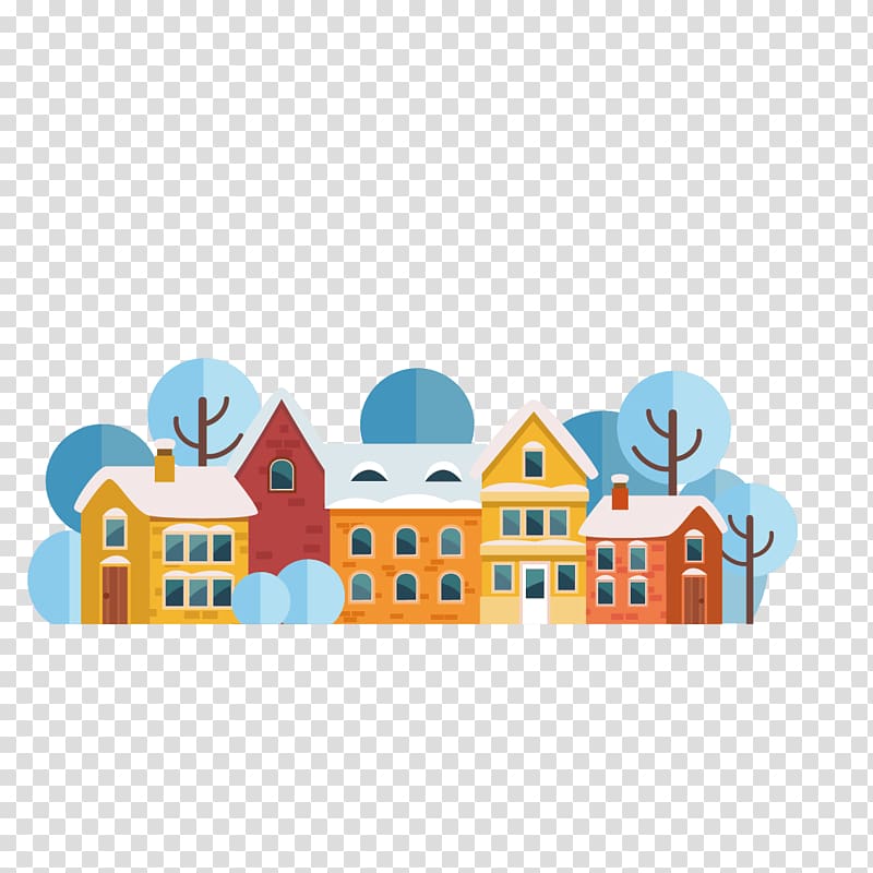 Santa Claus Christmas card Flat design, snow and houses transparent background PNG clipart