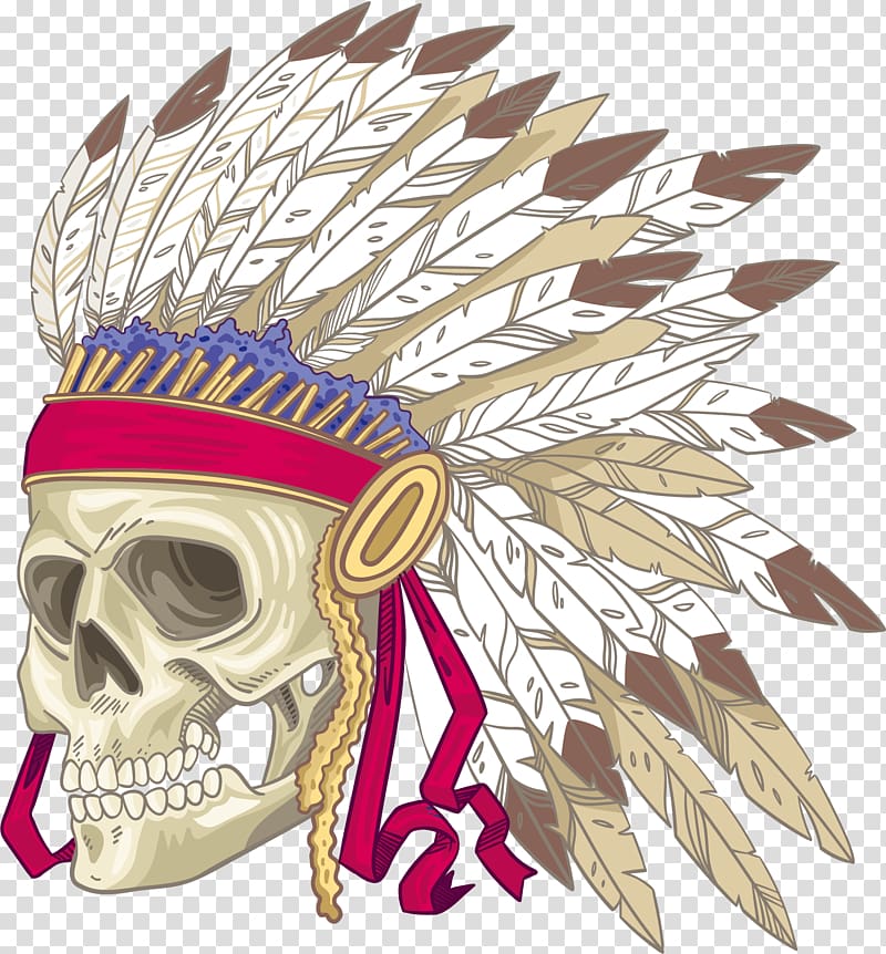 skull with feathers illustration, T-shirt Skull Feather War bonnet Indigenous peoples of the Americas, Personality punk feather skeleton transparent background PNG clipart