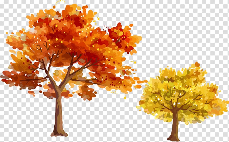 two yellow and red trees illustration, Autumn Tree Leaf, Autumn trees Autumn leaves material Hand-painted transparent background PNG clipart