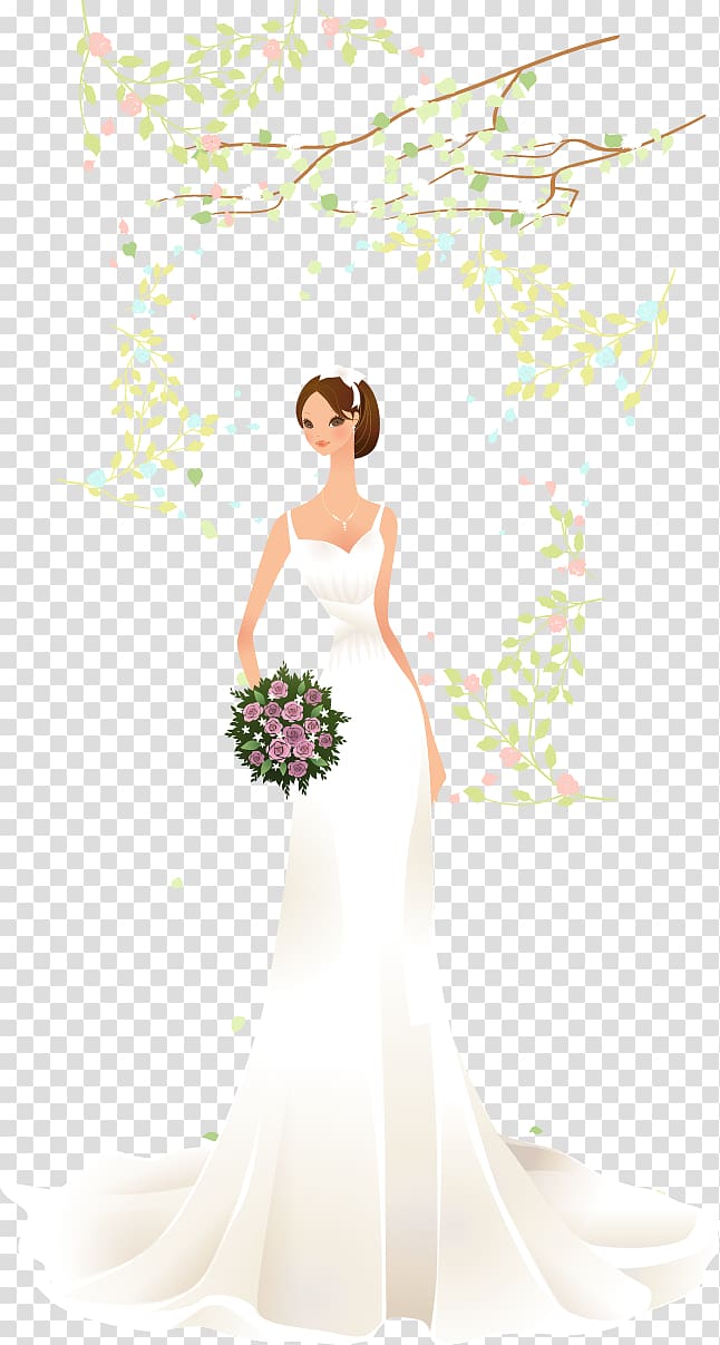 woman wearing white wedding dress holding bouquet illustration, Bridal Flowers elements transparent background PNG clipart