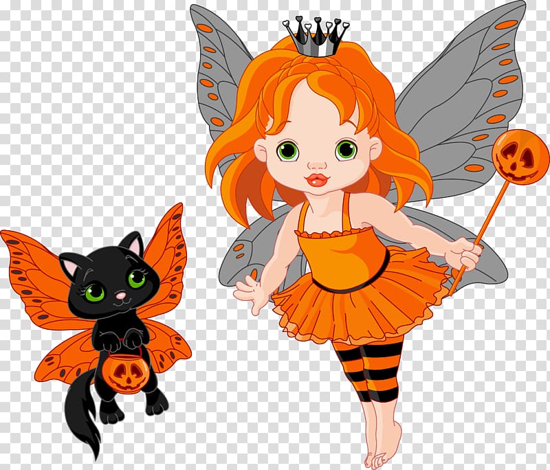 orange dressed Halloween-themed fairy and black cat illustration, It\'s Halloween Trixie the Halloween Fairy , Halloween Fairy and Cat transparent background PNG clipart