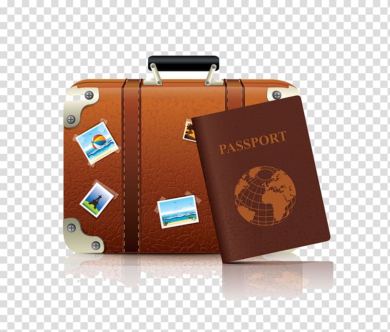 brown leather hard case and passport book, Suitcase Baggage , Passport and suitcase transparent background PNG clipart