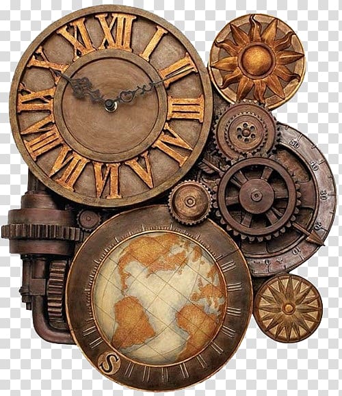 brown metal gear skeleton clock illustration, Steampunk fashion Gear Clockwork, Beautifully Western Clock transparent background PNG clipart