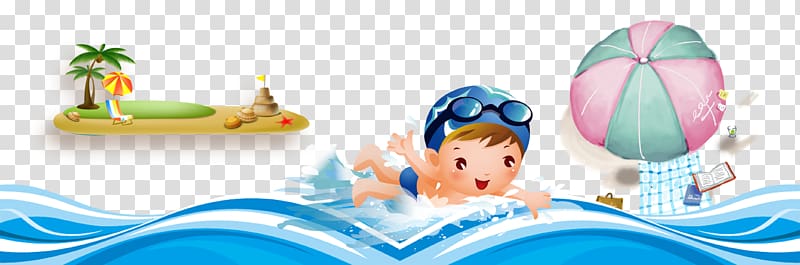 boy swimming near island, Beach Vacation Graphic design Illustration, Summer vacation swimming background transparent background PNG clipart