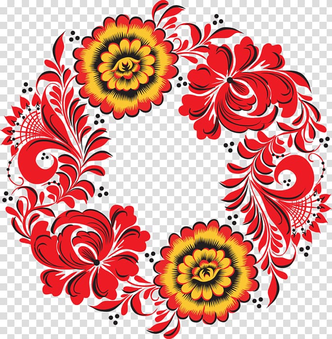 red and yellow floral , Russia Khokhloma Art Ornament Pattern, folk transparent background PNG clipart