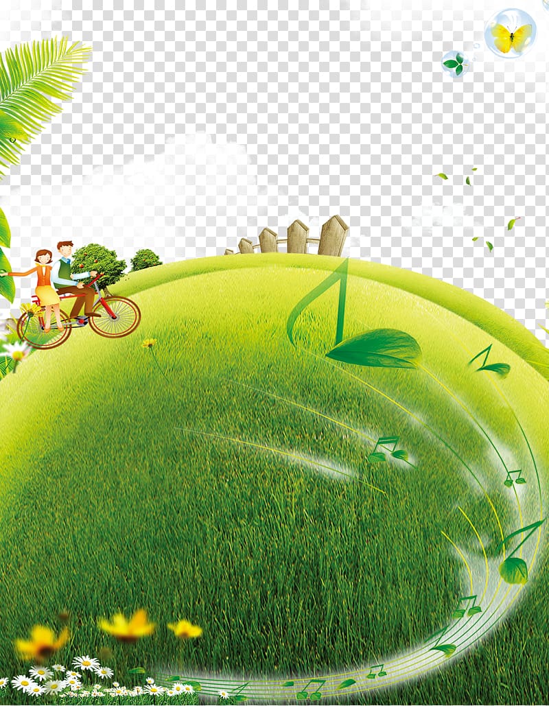 Lawn Bicycle, Green grass couple ride bike decoration background transparent background PNG clipart
