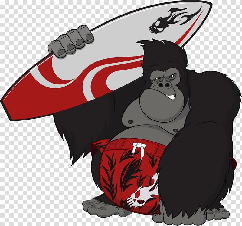 black and gray gorilla carrying red and gray surfboard digital artwork, Gorilla Cartoon King Kong Ape, It will surf orangutan transparent background PNG clipart