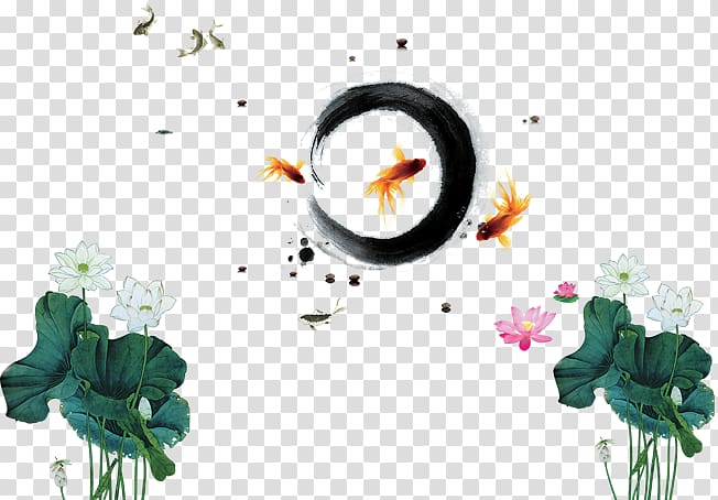 Ink wash painting Poster Chinoiserie, Ink lotus goldfish transparent background PNG clipart