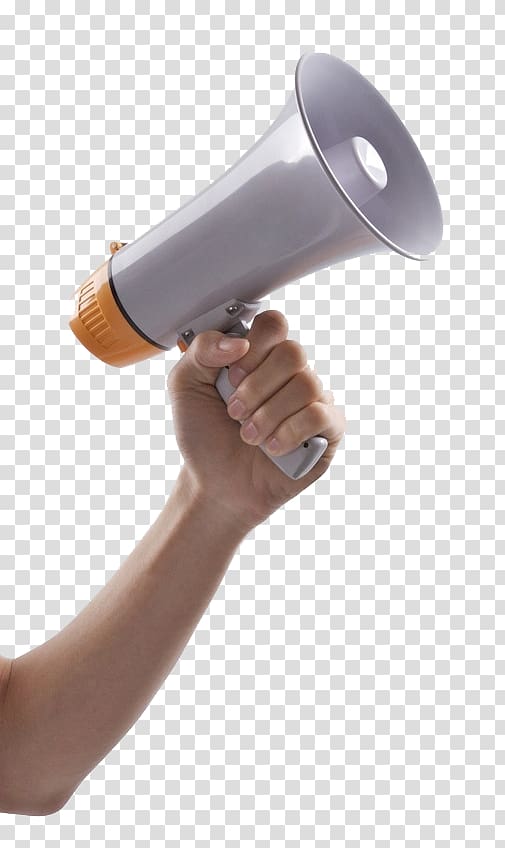 person showing white and orange megaphone, Microphone Horn loudspeaker, Hand holding the sound tube transparent background PNG clipart