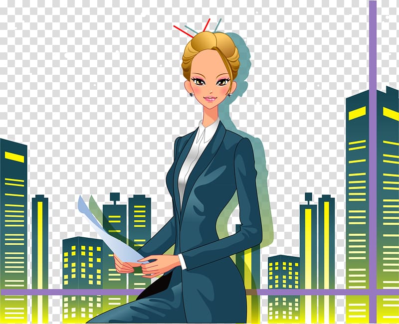 Cartoon Illustration, business elite female City Lights transparent background PNG clipart