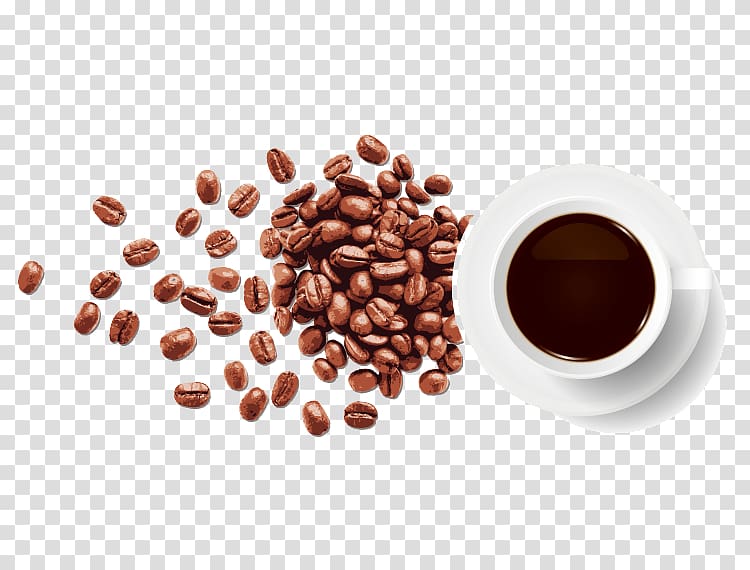 cup filled with coffee on top of saucer beside coffee beans, Coffee bean Espresso, Freshly ground coffee beans transparent background PNG clipart