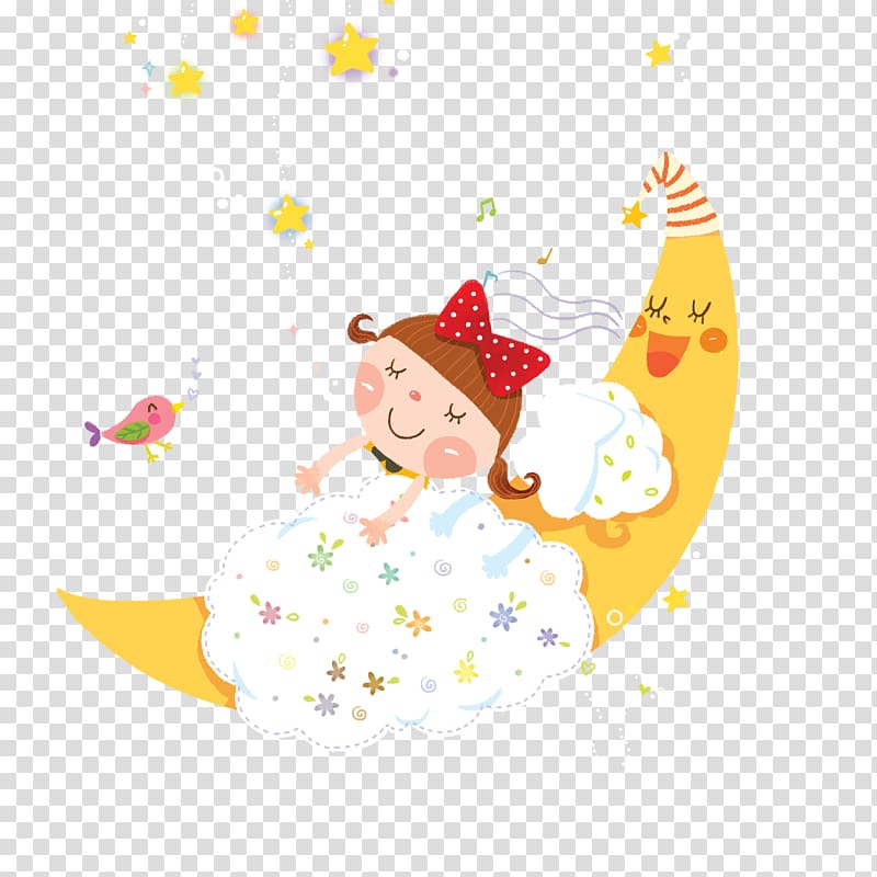 girl sleeping on moon illustration, Cartoon Drawing Illustration, Cartoon Girl sleepwalking moon bed transparent background PNG clipart