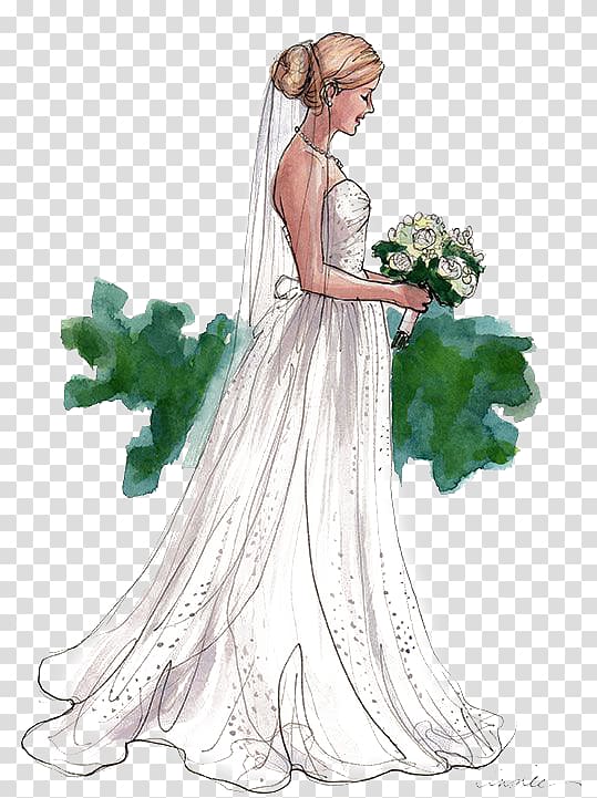 illustration of bride, Wedding dress Bride Drawing Illustration, Hand-painted bride transparent background PNG clipart