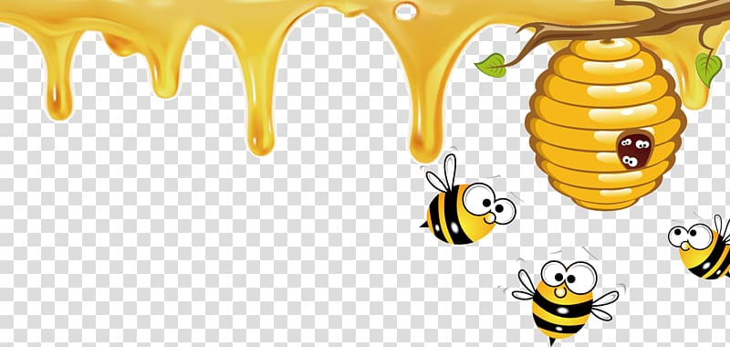 three bees and beehive illustration, Honey bee Apidae Carbonated drink, cartoon bee and honey transparent background PNG clipart
