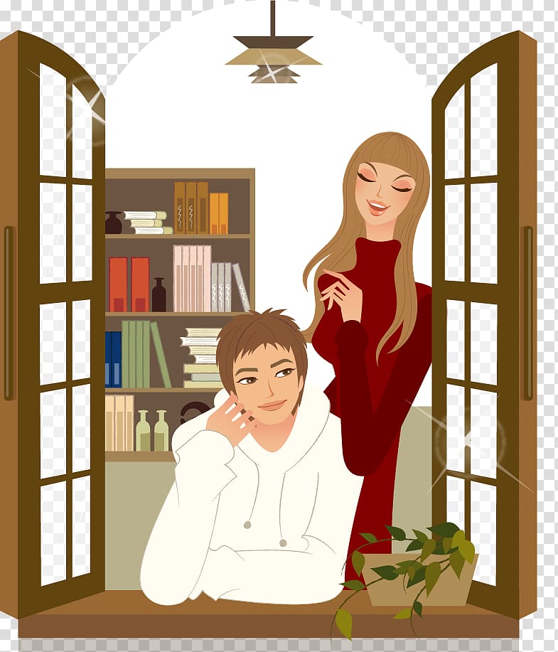 man and woman near brown wooden window illustration, The study couple transparent background PNG clipart