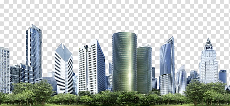 city buildings surrounded by trees, Skyscrapers transparent background PNG clipart
