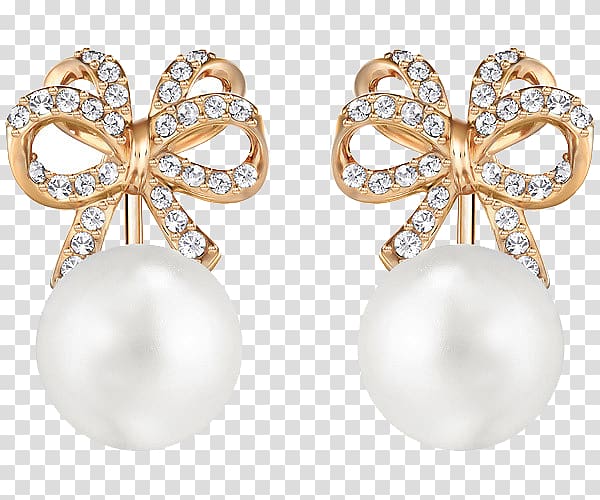 pair of gold-colored earrings with pearls, Earring Jewellery Pearl Swarovski AG Necklace, Swarovski jewelry pearl earrings transparent background PNG clipart