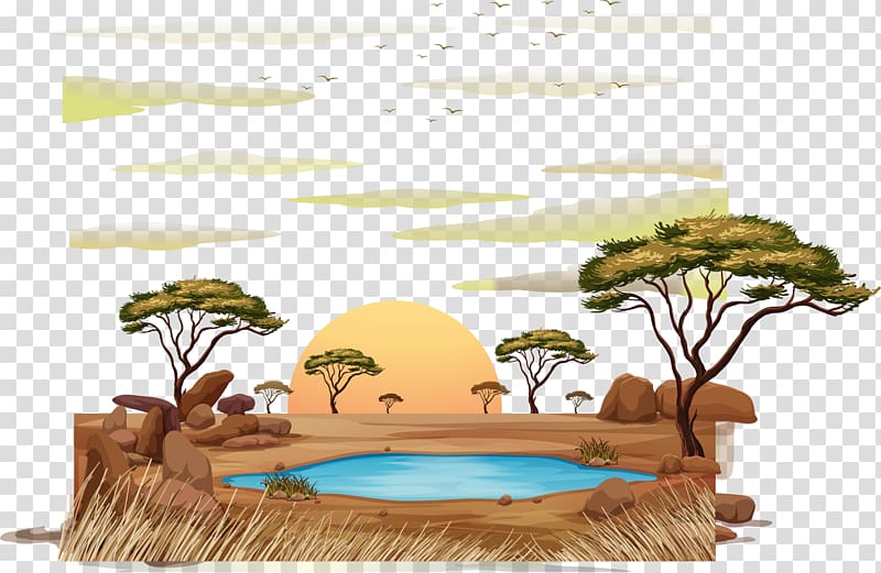 lake and trees under yellow sky , Meerkat Illustration, hand-painted cartoon natural scenic spot transparent background PNG clipart