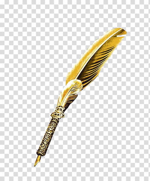 brass-colored fountain pen illustration, Pen Quill , Golden feather pen transparent background PNG clipart