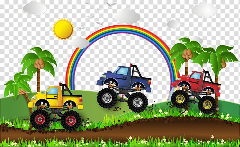 Car Pickup truck Monster truck Illustration, car and rainbow transparent background PNG clipart