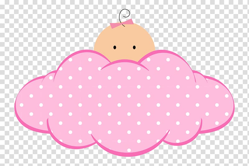animated small character hiding on pink and white polka-dot clouds , Infant Baby shower Child Birth , baby girl transparent background PNG clipart