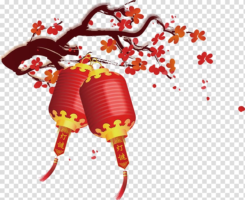 Paper lantern Lantern Festival, Plum branch with red lanterns transparent background PNG clipart