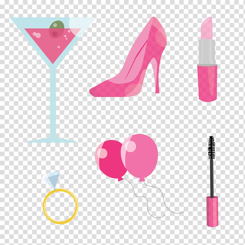 martini, shoe, lipstick, and ring illustration, Bachelorette party Bachelor party , Pink party elements transparent background PNG clipart