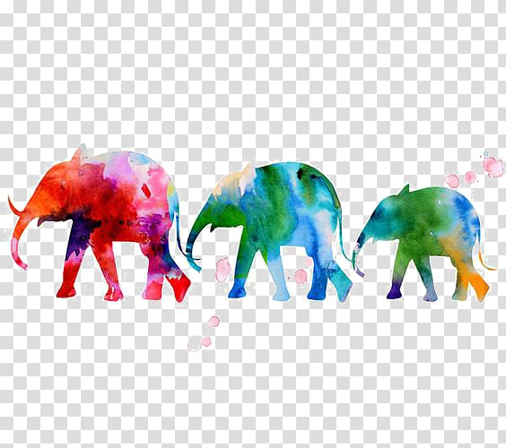 multicolored three elephants painting, Watercolor painting Elephant Art Printmaking, Elephant transparent background PNG clipart