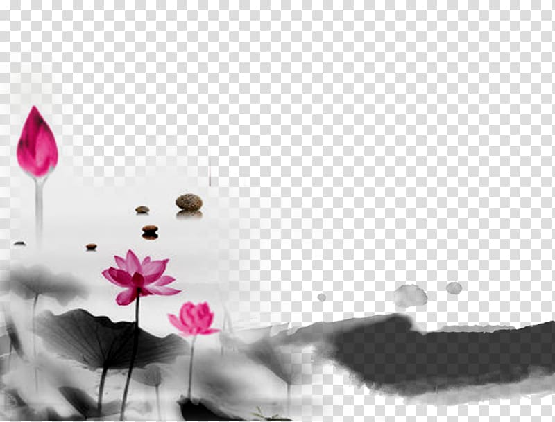 Ink wash painting Chinoiserie Watercolor painting Ink brush, Free ink landscape lotus surface matting material transparent background PNG clipart