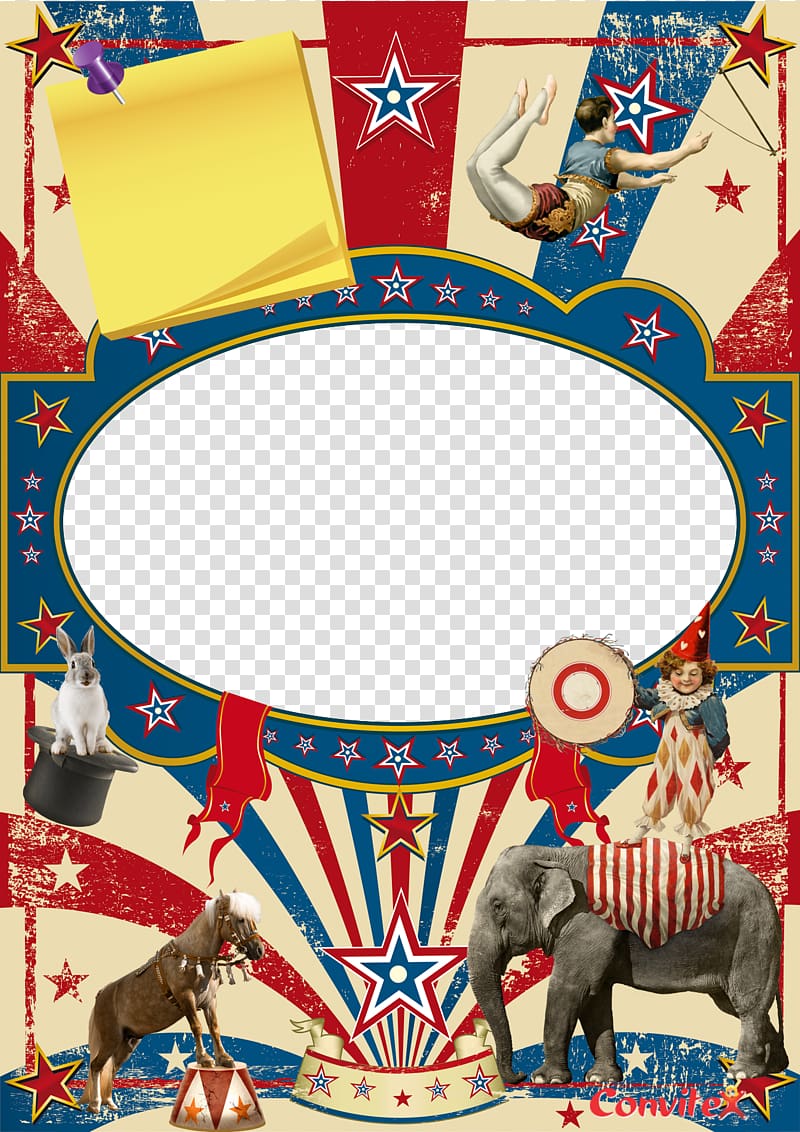painting of elephant and horse, Circus Poster Clown Vintage clothing, Circus transparent background PNG clipart