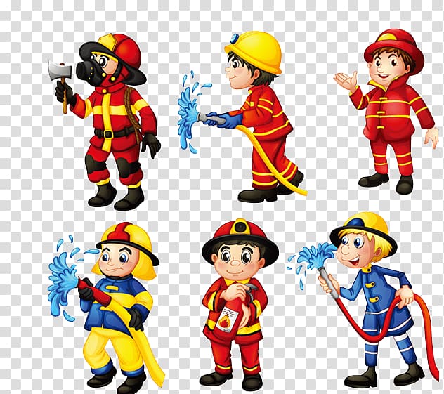 six firemen illustration, Firefighter , Hand painted firefighters dressed differently transparent background PNG clipart