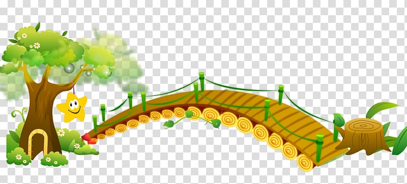 Cartoon Bridge Illustration, Cartoon illustration wooden bridge and trees transparent background PNG clipart