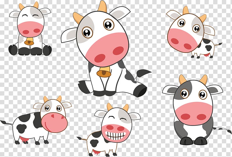 six dairy cows animated illustration, Holstein Friesian cattle Cow , Creative Cow transparent background PNG clipart