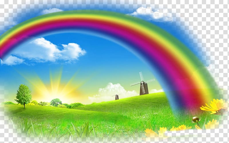 windmill on grass field under rainbow illustration, Desktop Nature Rainbow High-definition television, rainbow transparent background PNG clipart