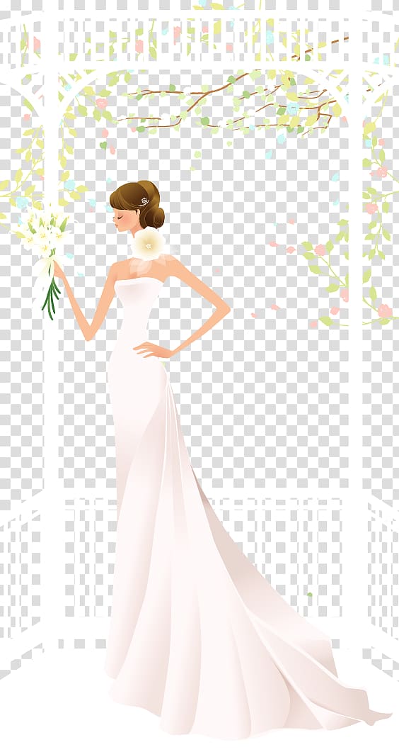 bride standing near railing illustration, Euclidean Bride Computer file, Bride and wedding flowers background material transparent background PNG clipart