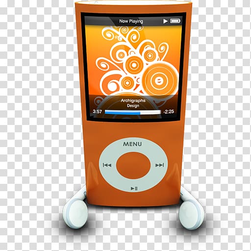 orange MP4 player with earphones illustration, ipod multimedia media player, iPodPhonesOrange transparent background PNG clipart