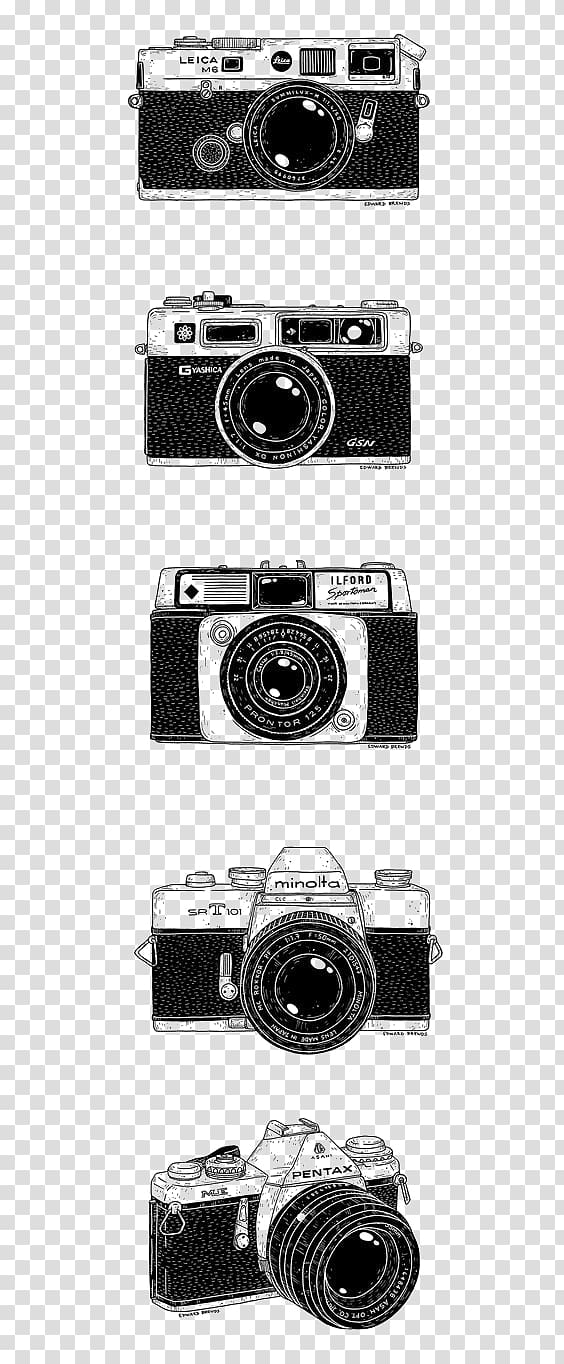 five of cameras, Camera lens Drawing Black and white, camera transparent background PNG clipart