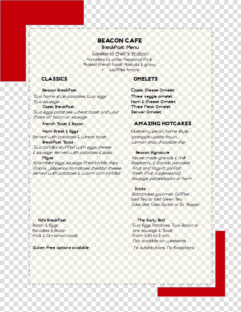 The Beacon Cafe Menu Drink Lunch, Menu transparent background PNG clipart