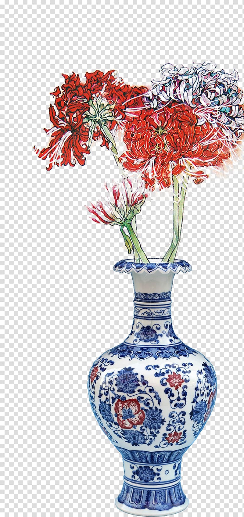 Jingdezhen Vase Blue and white pottery Floral design, Chinese style Chrysanthemum transparent background PNG clipart