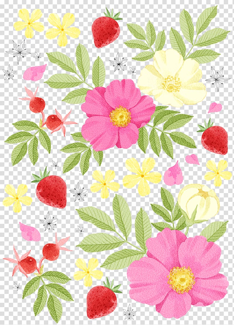 multicolored flowers, Watercolor painting Drawing Illustration, Flowers strawberry decorative pattern material transparent background PNG clipart
