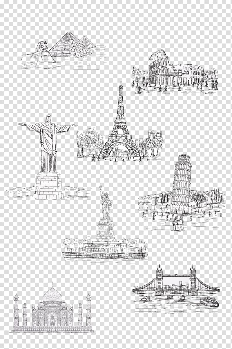 assorted landmarks illustration, Statue of Liberty Eiffel Tower Tourist attraction, Hand painted Statue of Liberty famous building transparent background PNG clipart