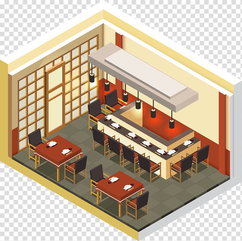 Japanese Cuisine Sushi Restaurant Isometric projection Bar, 3D painted decorated restaurant transparent background PNG clipart
