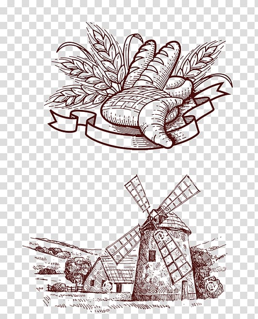 black wind mill illustration, Bakery Cupcake Bread Pastry, Wheat and windmill house transparent background PNG clipart