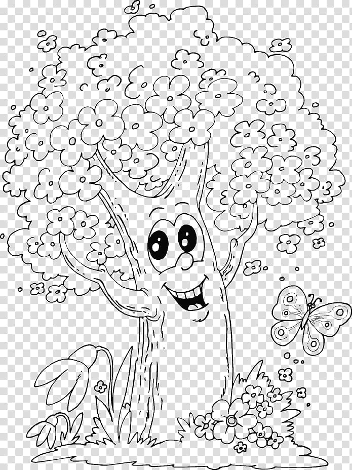 Coloring book Tree Drawing Spring Pine, spring tree transparent background PNG clipart