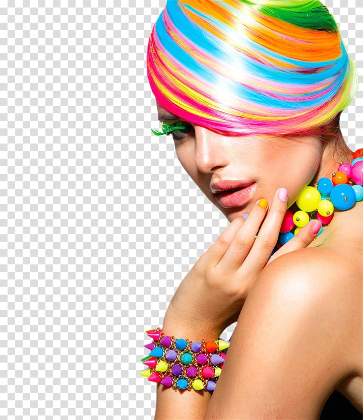 woman with multicolored hair and accessories, Cosmetics Color Beauty Parlour Hair, Sexy Hair color beautiful transparent background PNG clipart