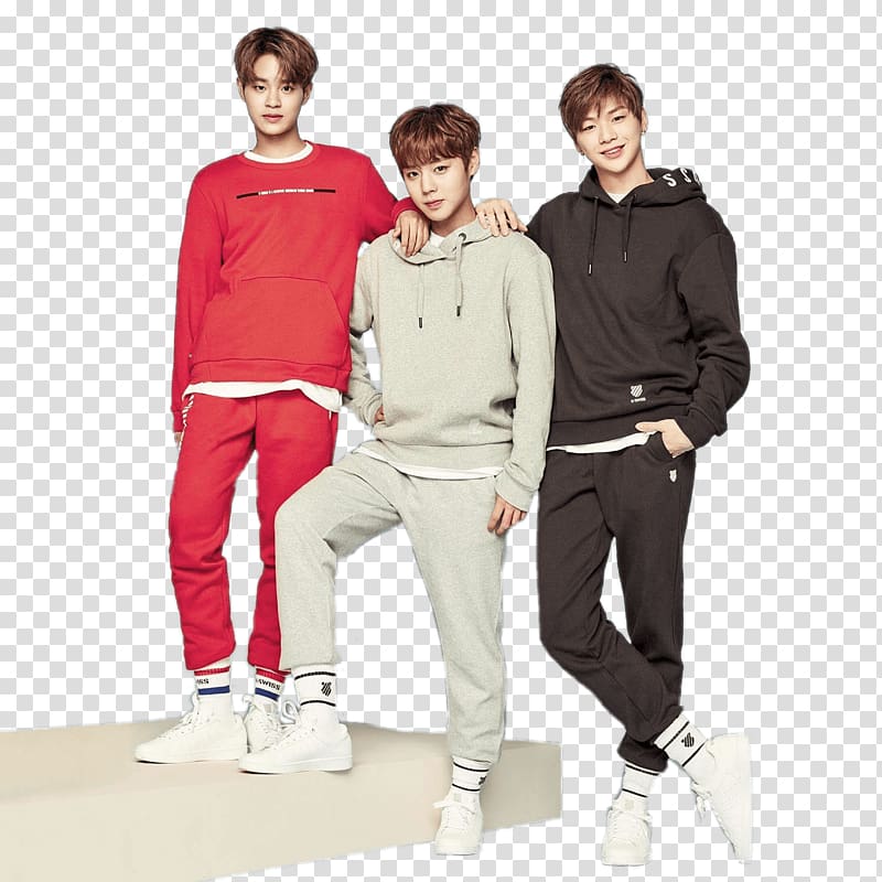 three boys wearing track suits, Wanna One Daniel, Jihoon and Daehwi transparent background PNG clipart